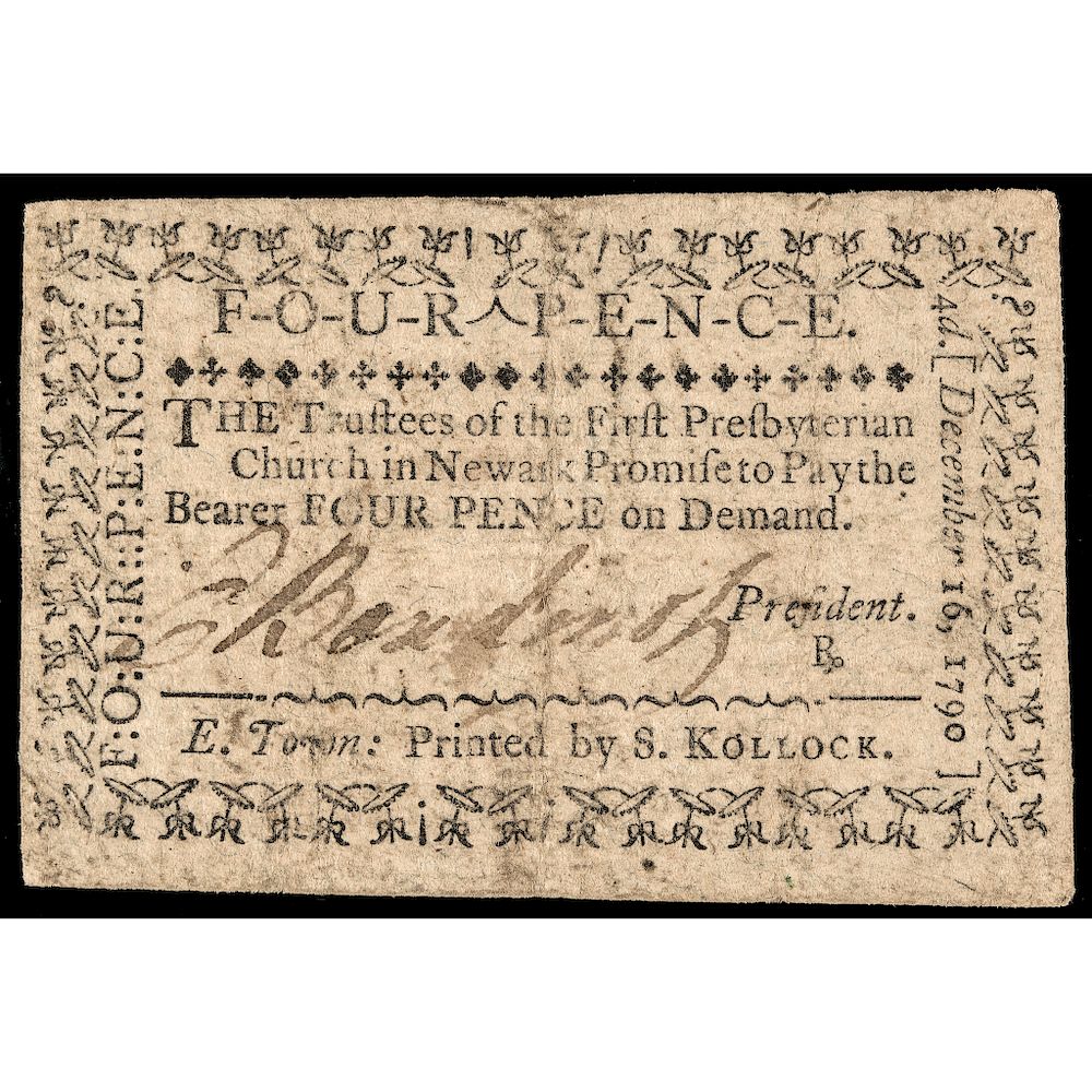 Appraisal: ELIAS BOUDINOT Signed Four Pence Church Currency Note on Newark