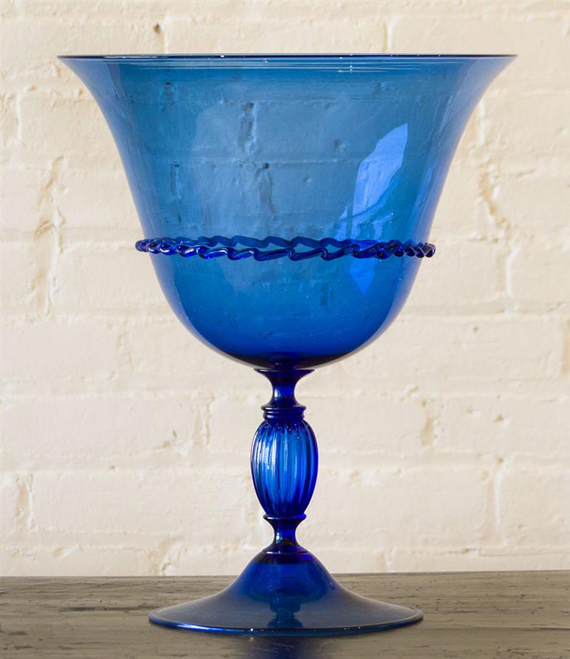 Appraisal: BLUE GLASS TAZZA POSSIBLY BY VENINI x in diam Estimate