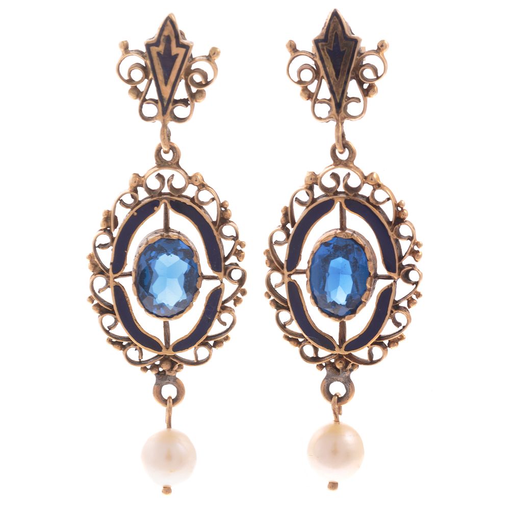 Appraisal: A Pair of Sapphire Pearl Enamel Drop Earrings K yellow