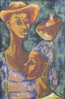 Appraisal: LAZARD Luckner Oil on Masonite Two Women Signed and dated