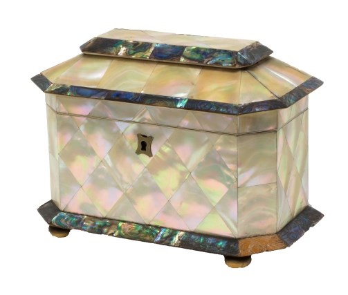 Appraisal: A George III mother of pearl veneered tea caddy with