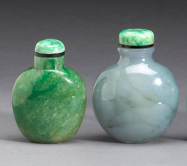 Appraisal: Two jadeite snuff bottles Late Qing Dynasty The first of