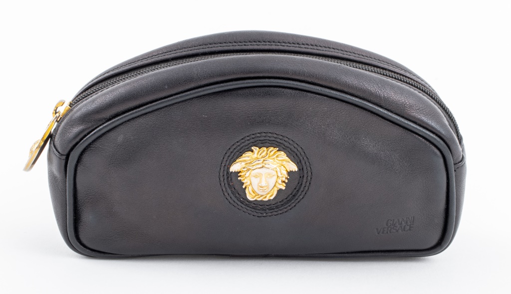 Appraisal: GIANNI VERSACE BLACK LEATHER TRAVEL BAG Vintage Gianni Versace Italian