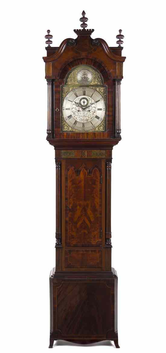 Appraisal: A Mahogany Tall Case Clock the stepped hood with three