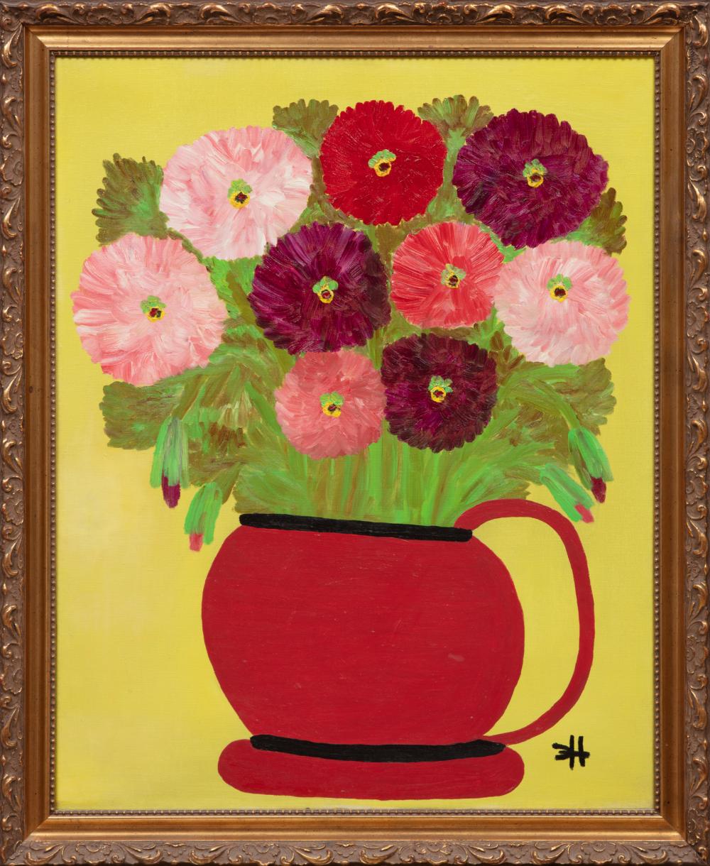 Appraisal: Clementine Hunter American Louisiana - Zinnias oil on canvas monogrammed