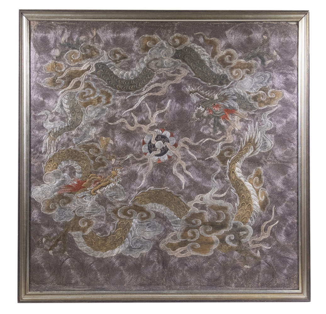 Appraisal: FRAMED CHINESE EMBROIDERED DRAGON PANEL Large th c Silkwork Panel