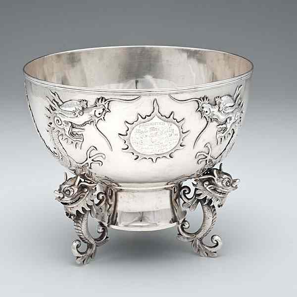 Appraisal: Chinese Export Silver Presentation Bowl with Dragons Chinese Export ca