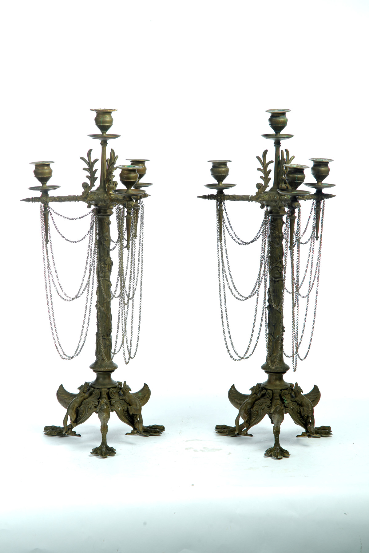 Appraisal: PAIR OF FOUR-BRANCH CAST BRASS CANDELABRAS SIGNED J MOIGNIEZ -