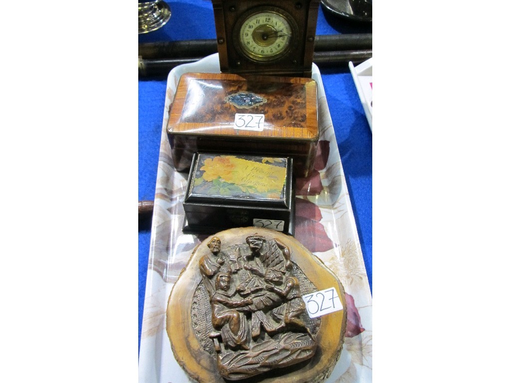 Appraisal: Lot comprising mantel clock two boxes and a relief carving