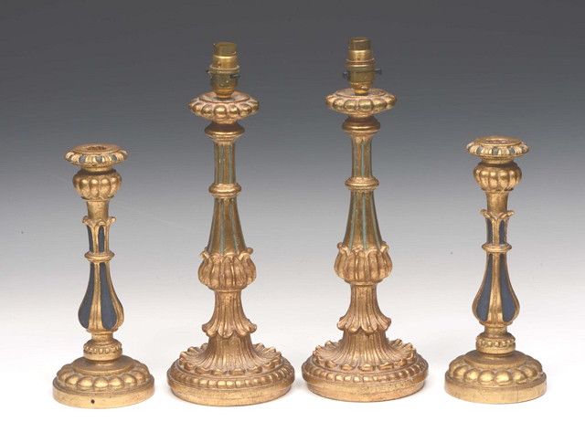 Appraisal: TWO PAIRS OF PAINTED AND GILDED LAMP BASES of classical