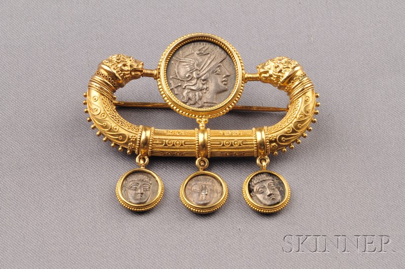 Appraisal: Etruscan Revival kt Gold and Silver Classical Coin Brooch bezel-set