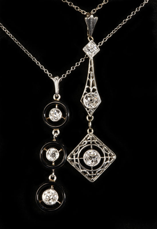 Appraisal: Two Art Deco diamond pendant necklaces Two Art Deco diamond