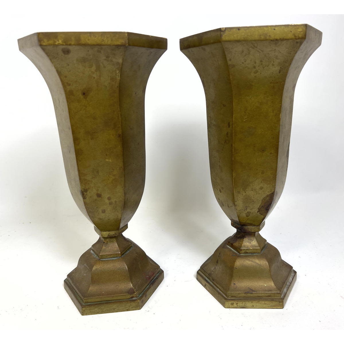 Appraisal: Pr Vintage Brass Hexagonal Urns Footed Vase Planters Dimensions H