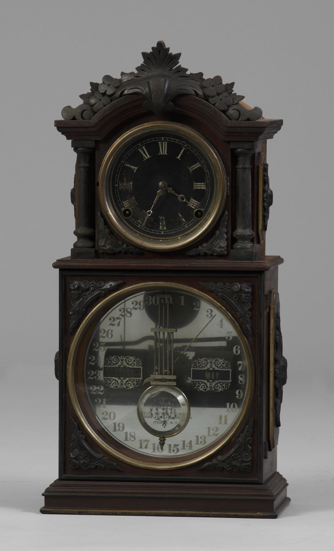 Appraisal: Ithaca Parlor Calendar Clock Walnut case with applied ebonized decoration