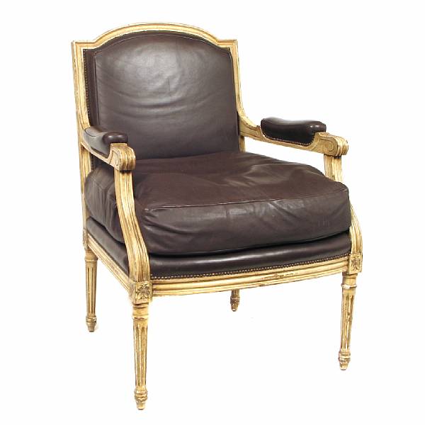 Appraisal: A Louis XVI style leather upholstered fauteuil designed by Billy