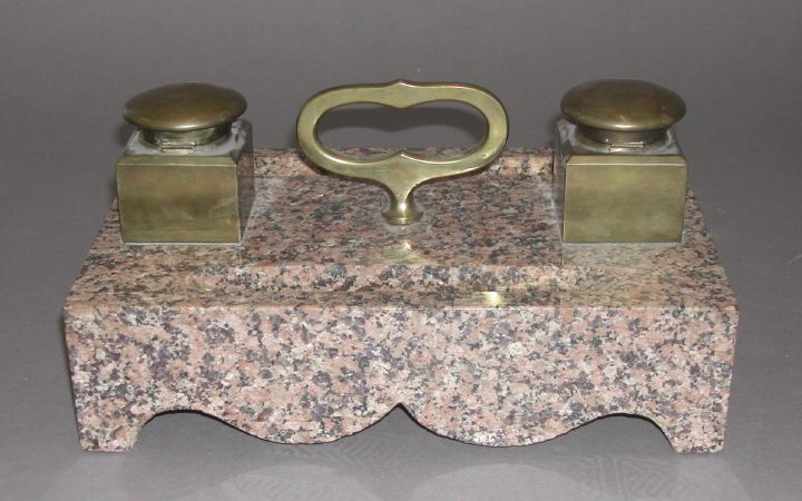 Appraisal: Large and Weighty Continental Brass-Mounted Polished Pink Granite Double Encrier