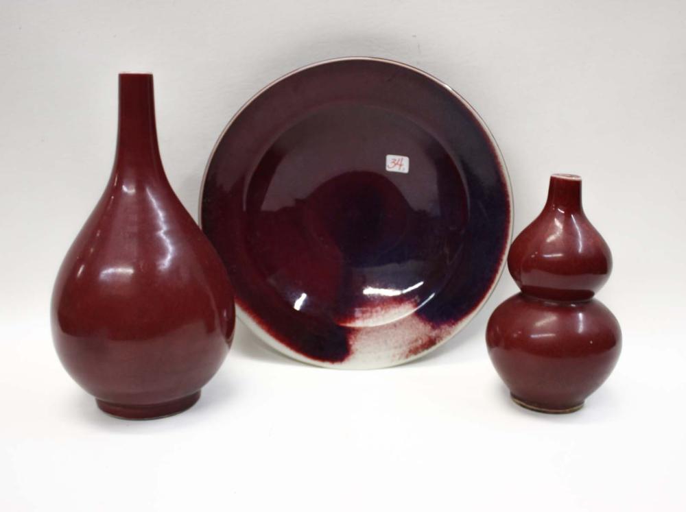 Appraisal: THREE CHINESE RED GLAZED PORCELAIN VESSELS comprised of one double