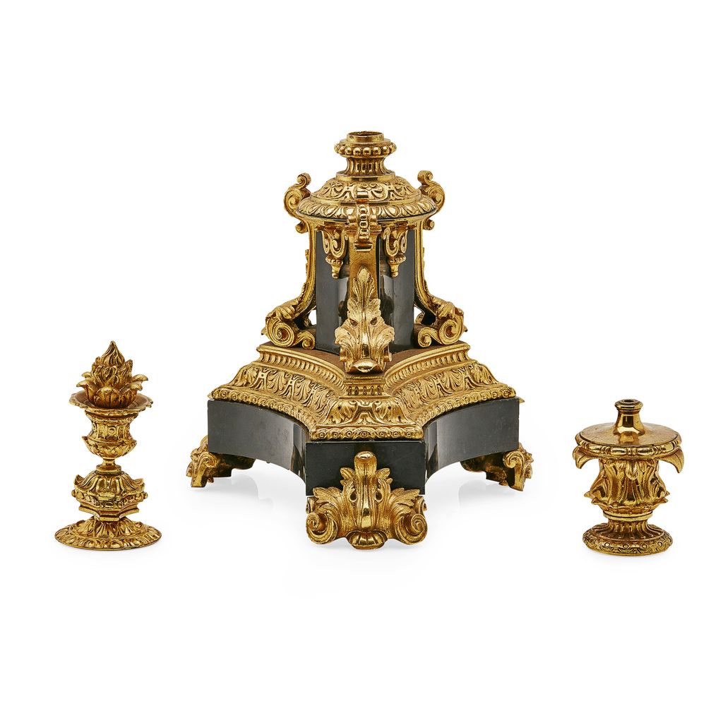 Appraisal: NEOCLASSICAL GILT BRONZE AND BLACK SLATE URN MOUNTS TH CENTURY