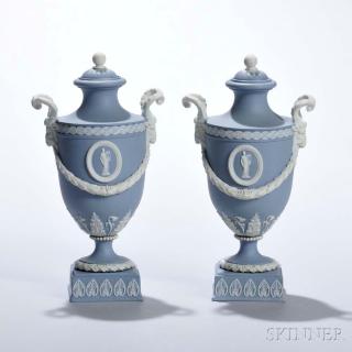 Appraisal: Pair of Wedgwood Solid Light Blue Jasper Vases and Covers