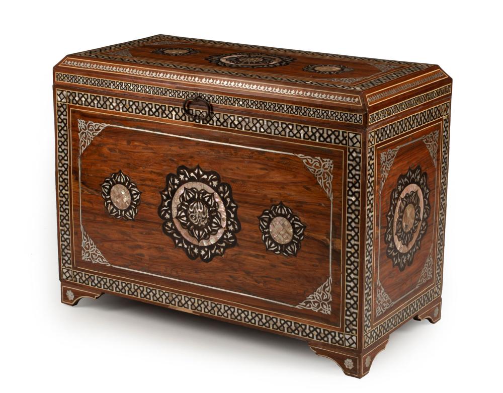 Appraisal: Moorish Inlaid Hardwood Blanket Chest hinged top floral decoration bracket