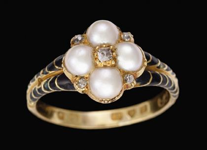 Appraisal: karat yellow gold pearl and diamond ring british c Flower