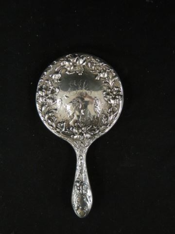 Appraisal: Sterling Silver Art Nouveau Hand Mirror lady with birds surrounded