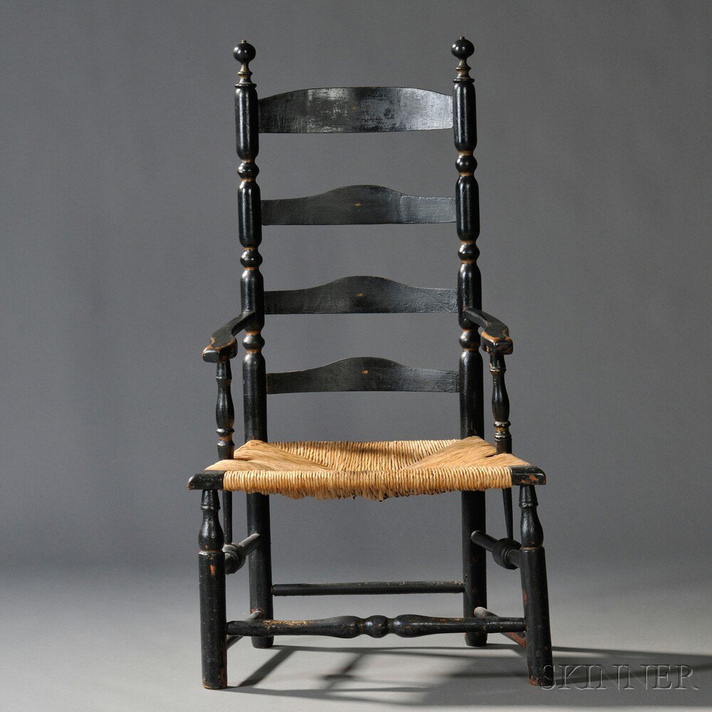 Appraisal: Black-painted Slat-back Armchair New England th century with shaped arms