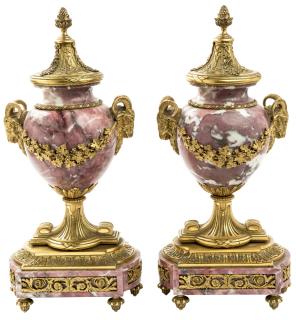 Appraisal: A PAIR OF LOUIS XVI STYLE ORMOLU MOUNTED PINK MARBLE