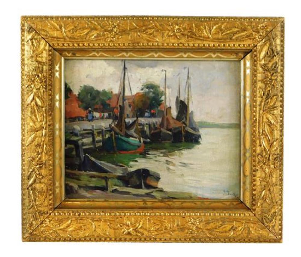 Appraisal: th th C oil on canvas board depicts harbor scene