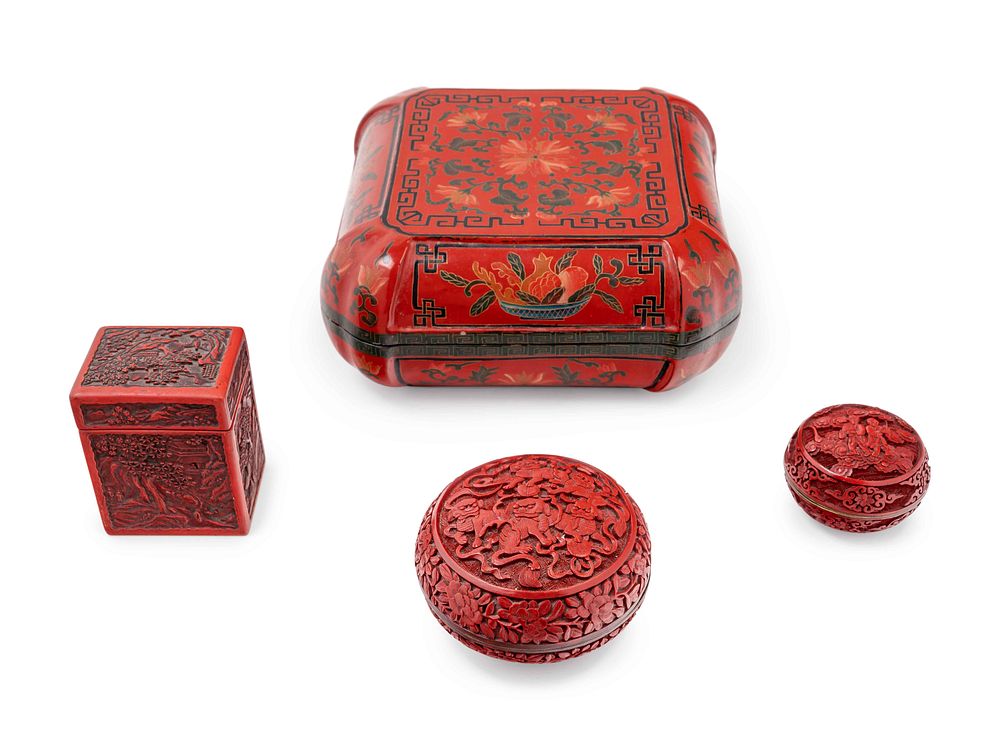 Appraisal: Four Chinese Red Lacquer Covered Boxes Four Chinese Red Lacquer