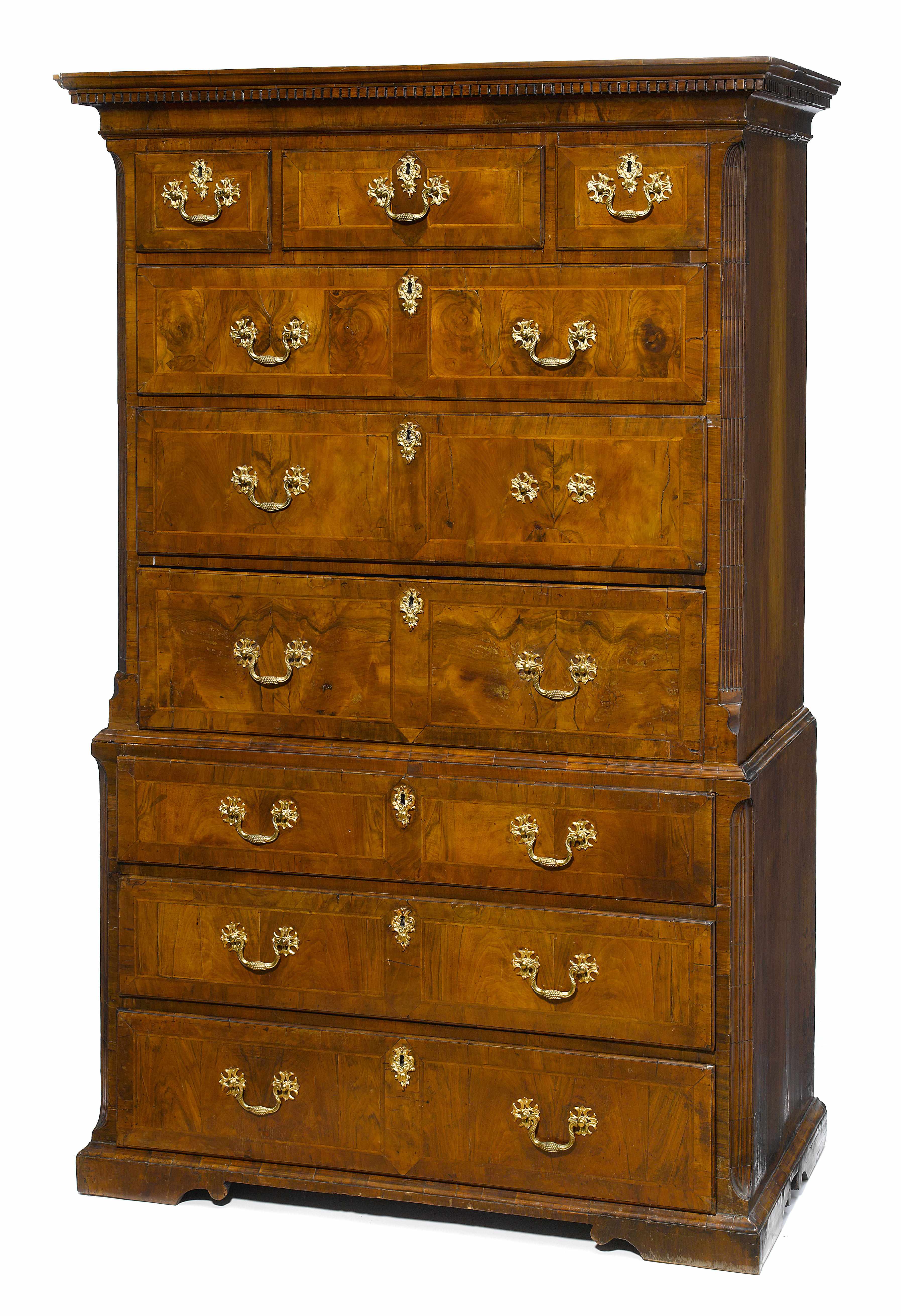 Appraisal: A George I featherbanded walnut secretary chest on chest first