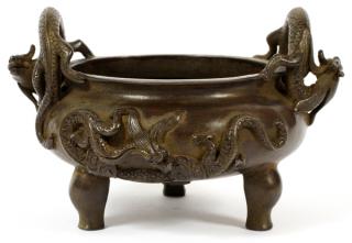 Appraisal: CHINESE BRONZE FOOTED BOWL H DIA Raised dragon design and