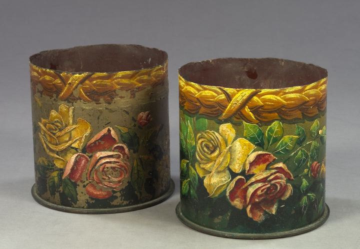 Appraisal: Pair of Edwardian Cylindrical Polychromed Weighted Brass Cachepots in Roses