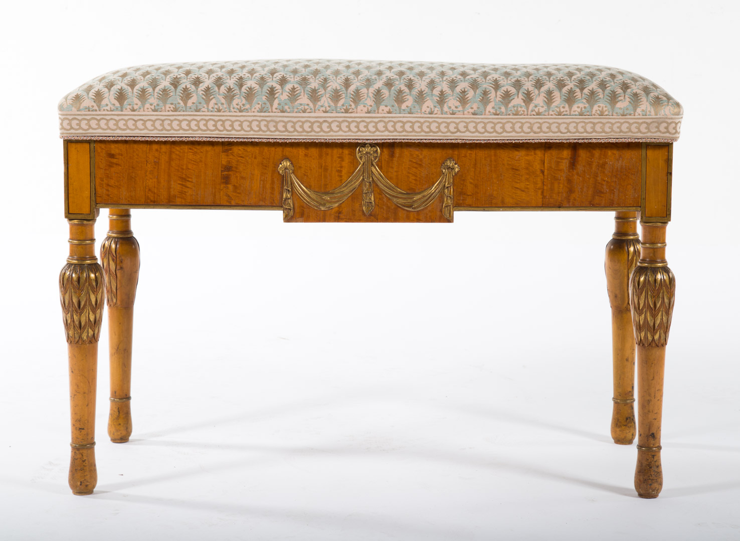 Appraisal: Sheraton style upholstered fruitwood piano bench th century compartment enclosed