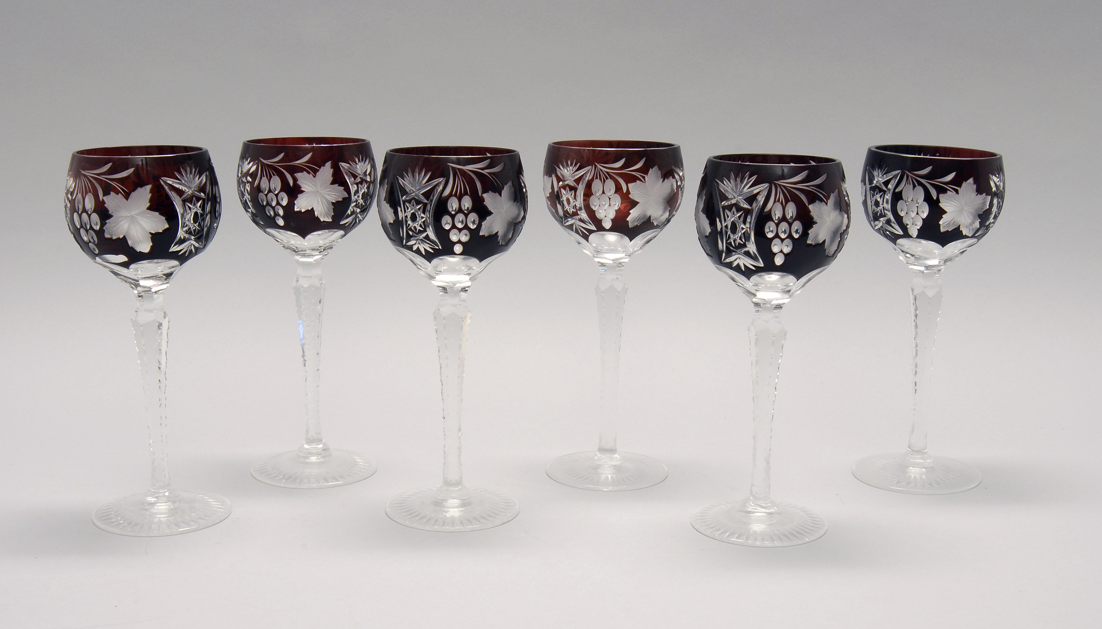 Appraisal: SET OF SIX BOHEMIAN OVERLAY GLASS WINEGLASSES in ruby-cut-to-clear with