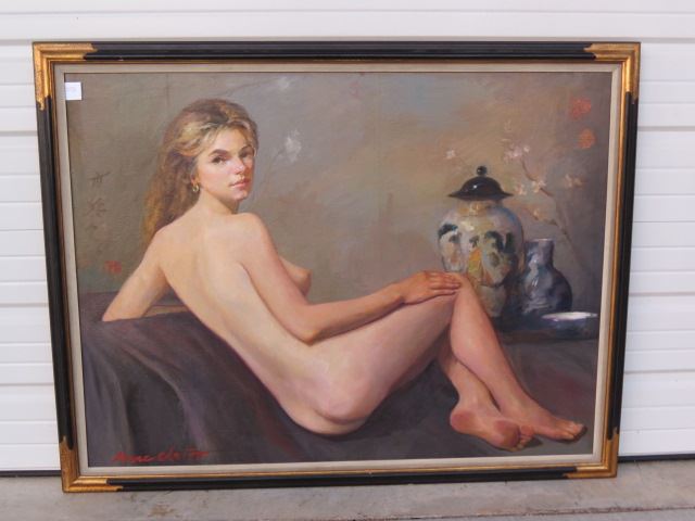 Appraisal: Marc Chatov oil reclining nude Oriental objects in background on