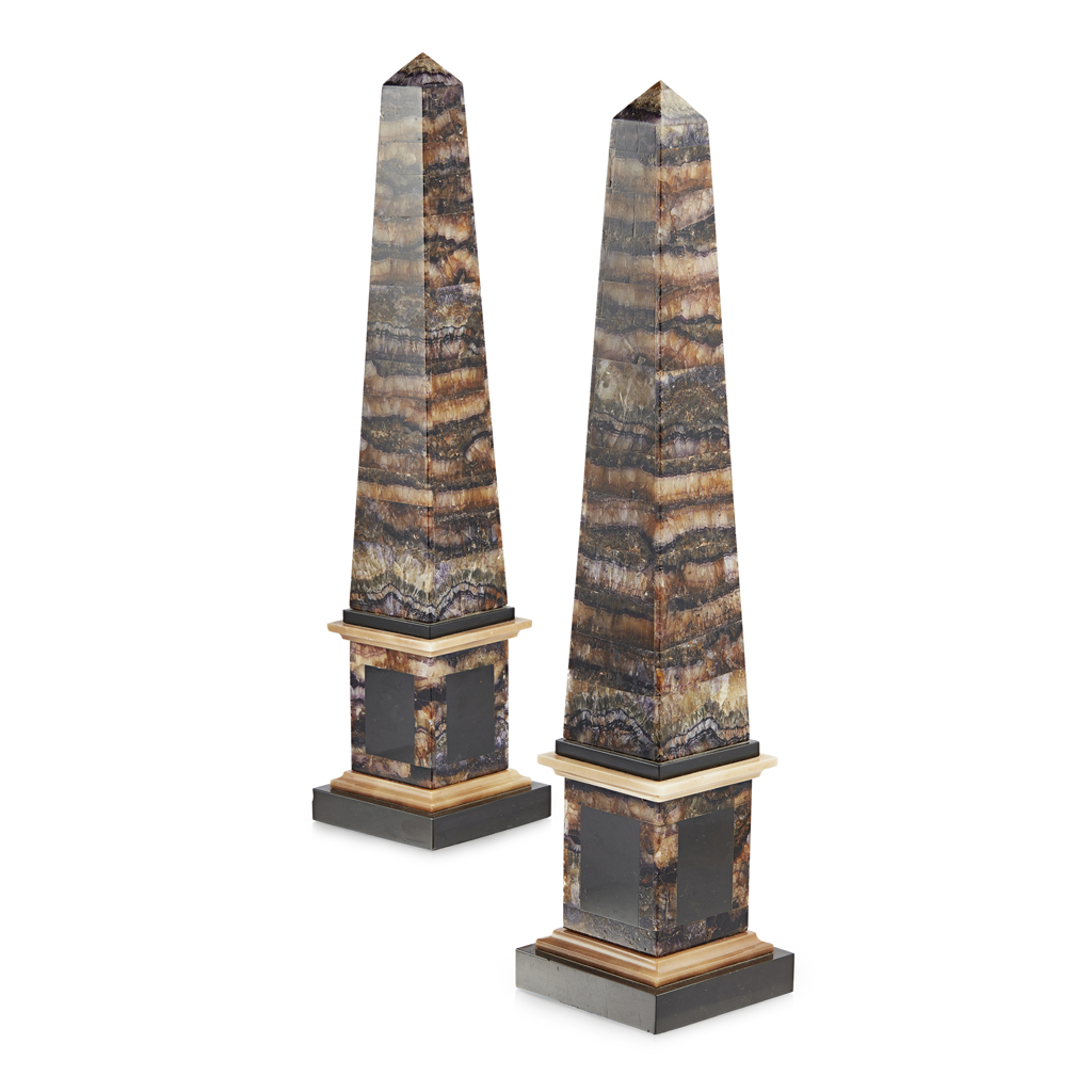 Appraisal: LARGE PAIR OF BLUE JOHN OBELISKS marble slate and blue