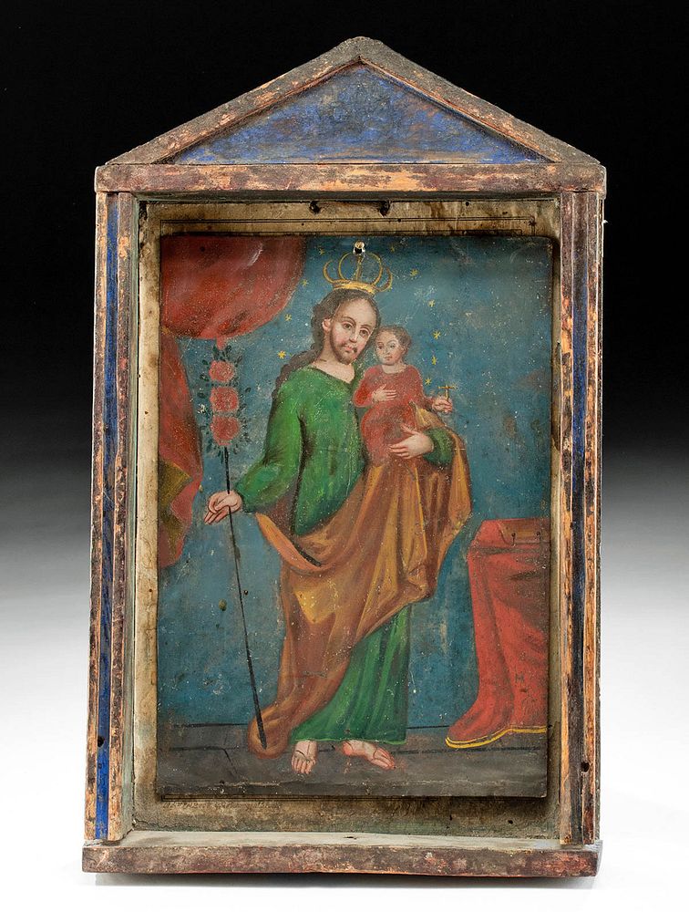 Appraisal: th C Mexican Retablo of St Joseph w Wood Nicho