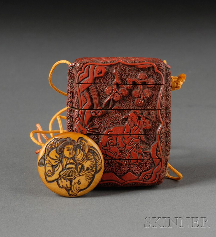 Appraisal: Seal Case Japan th century four-compartment inro cinnabar lacquer carved