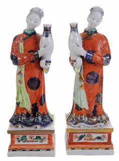 Appraisal: Pair Painted Porcelain Figures as Bud Vases Chinese th century