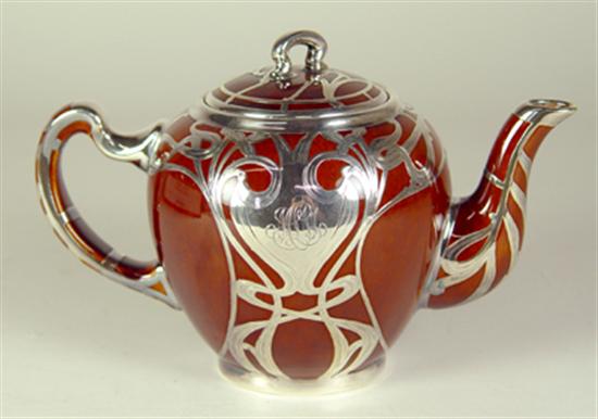 Appraisal: Art Nouveau Silver Overlay Teapot by Lenox Early th Century