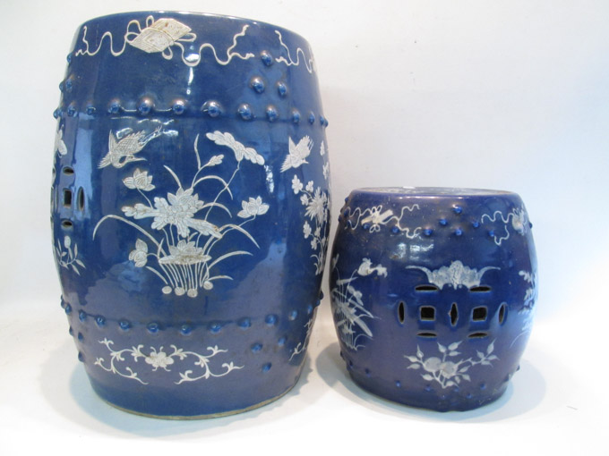 Appraisal: TWO CHINESE PORCELAIN GARDEN STOOLS of round barrel-form with blue