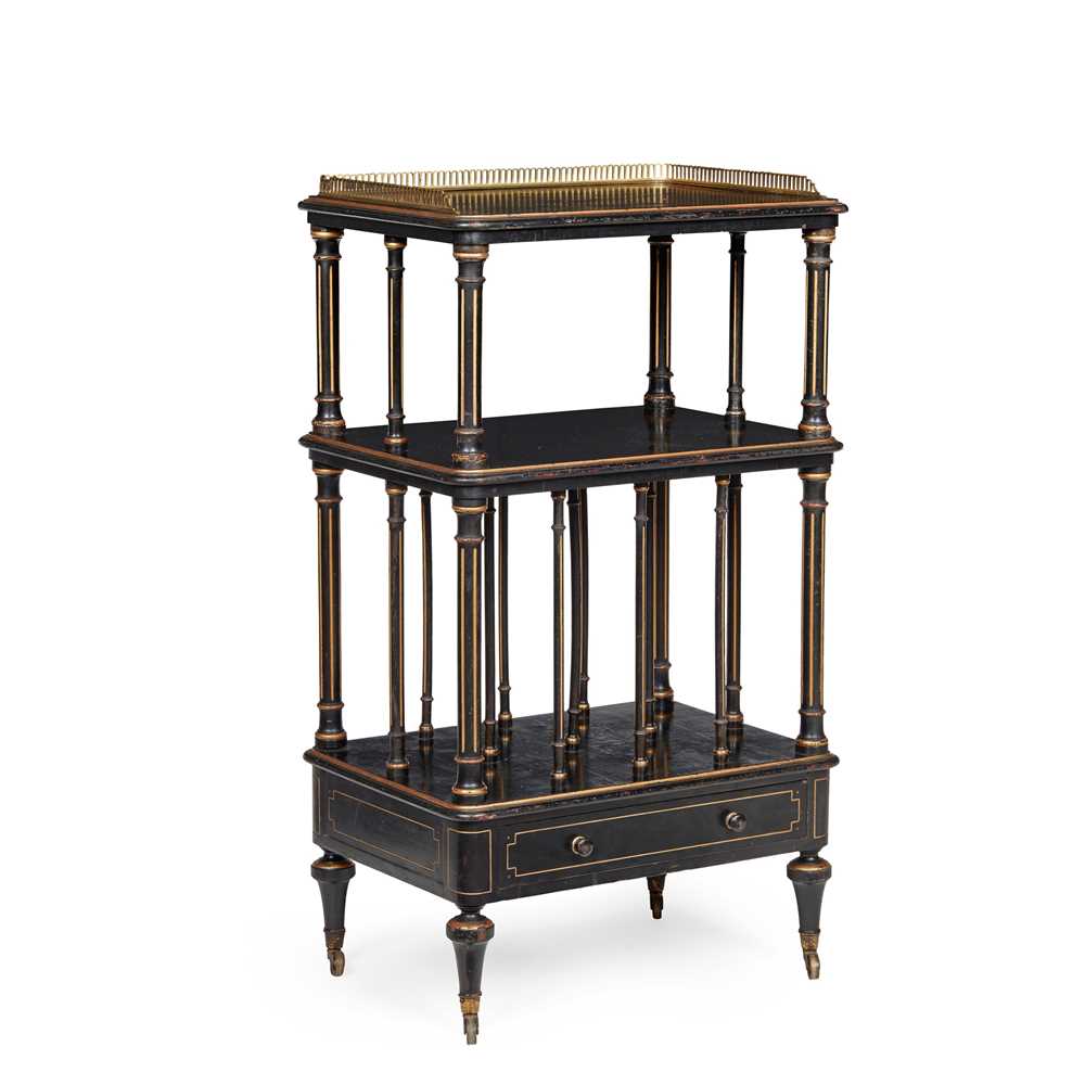 Appraisal: VICTORIAN EBONISED AND PARCEL-GILT WHATNOT CANTERBURY MID TH CENTURY with