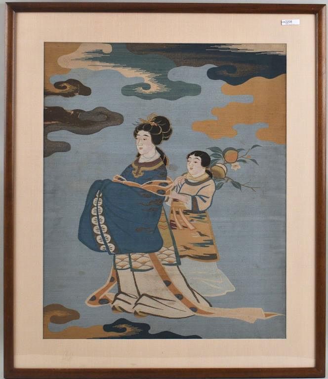 Appraisal: Japanese Woven Silk Kesi Panel depicting a finely dressed beauty