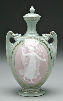 Appraisal: Heubach pate-sur-pate urn circular cartouche with woman holding olive branch