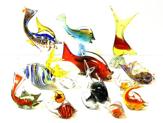 Appraisal: Assortment of glass fish figures sixteen pieces cobalt orange and