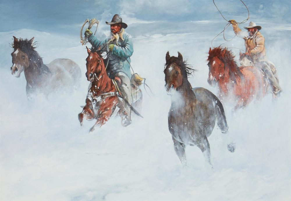 Appraisal: Anthony Sinclair b Winter Wranglers Oil on canvas Signed and