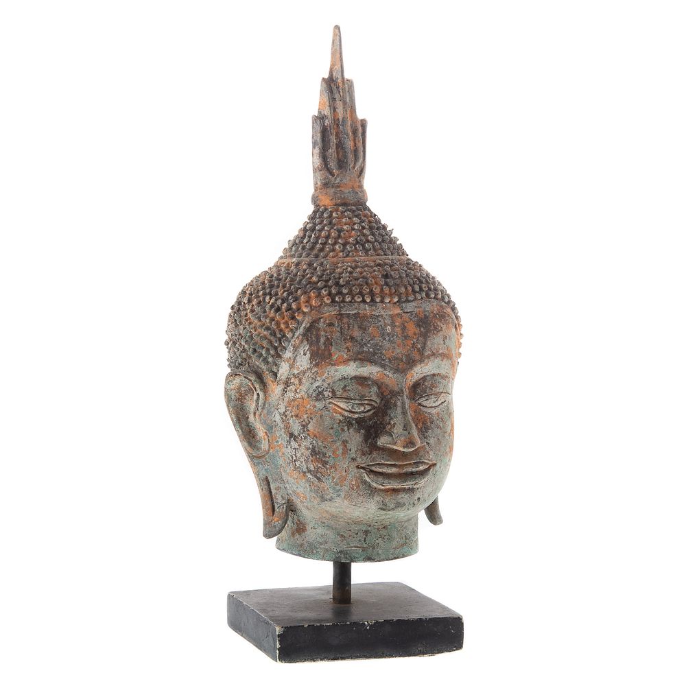 Appraisal: Thai Copper Alloy Buddha Head Mounted on wood base with