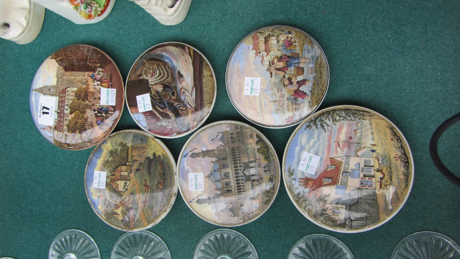 Appraisal: Six Prattware pot lids comprising Pegwell Bay French Street Scene