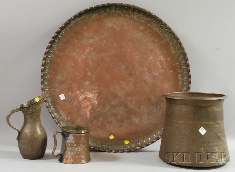 Appraisal: Near Eastern Copper Tray a Ewer Measure and a Vessel